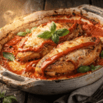 Baked chicken breasts simmering in creamy red pesto sauce topped with melted parmesan and basil in a rustic casserole dish.