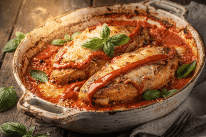 Baked chicken breasts simmering in creamy red pesto sauce topped with melted parmesan and basil in a rustic casserole dish.