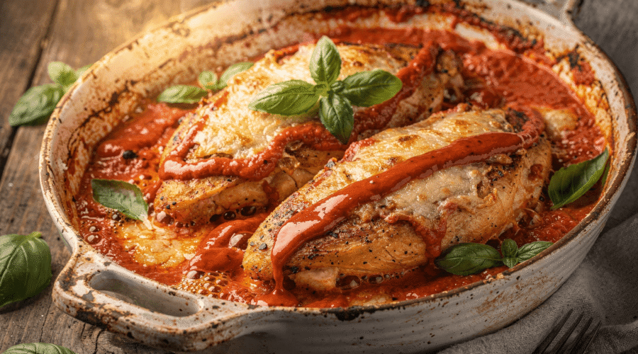 Baked chicken breasts simmering in creamy red pesto sauce topped with melted parmesan and basil in a rustic casserole dish.