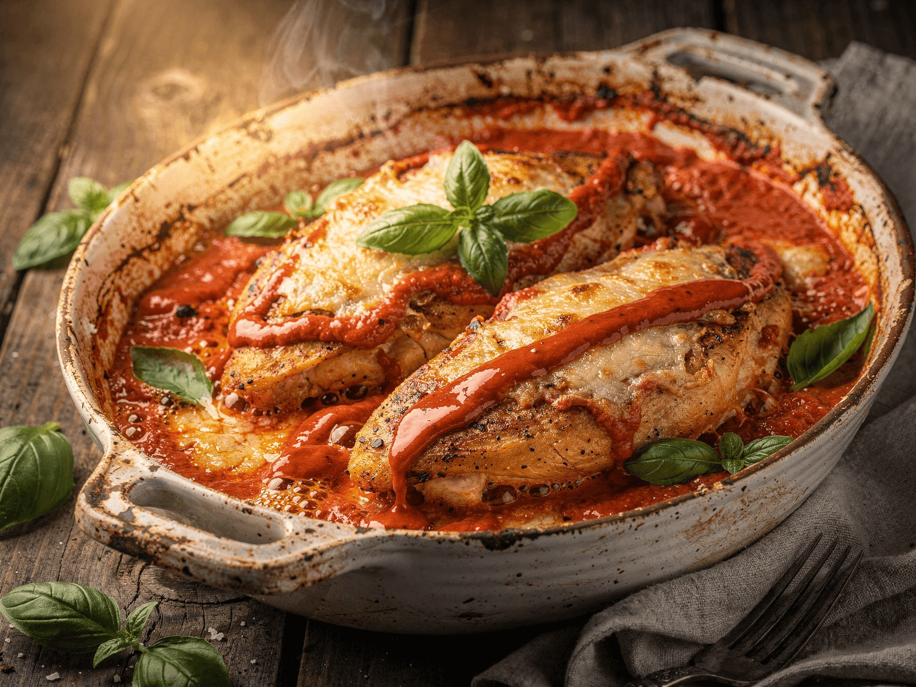 Baked chicken breasts simmering in creamy red pesto sauce topped with melted parmesan and basil in a rustic casserole dish.