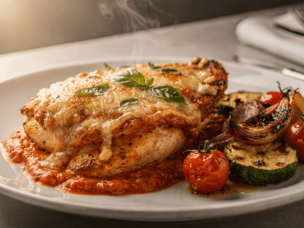 Plated creamy red pesto baked chicken topped with melted parmesan and basil served with roasted vegetables.