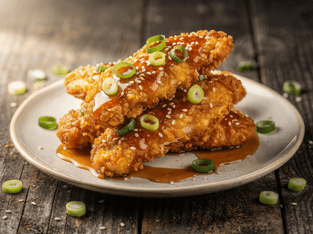 Crispy honey garlic chicken tenders coated in sticky sweet garlic sauce and topped with sesame seeds and green onions.