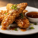 Crispy chicken tenders drizzled with honey garlic sauce served with a dipping bowl and garnished with green onions and sesame seeds.