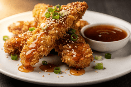 Crispy chicken tenders drizzled with honey garlic sauce served with a dipping bowl and garnished with green onions and sesame seeds.