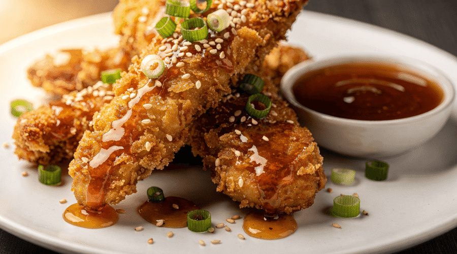 Crispy chicken tenders drizzled with honey garlic sauce served with a dipping bowl and garnished with green onions and sesame seeds.