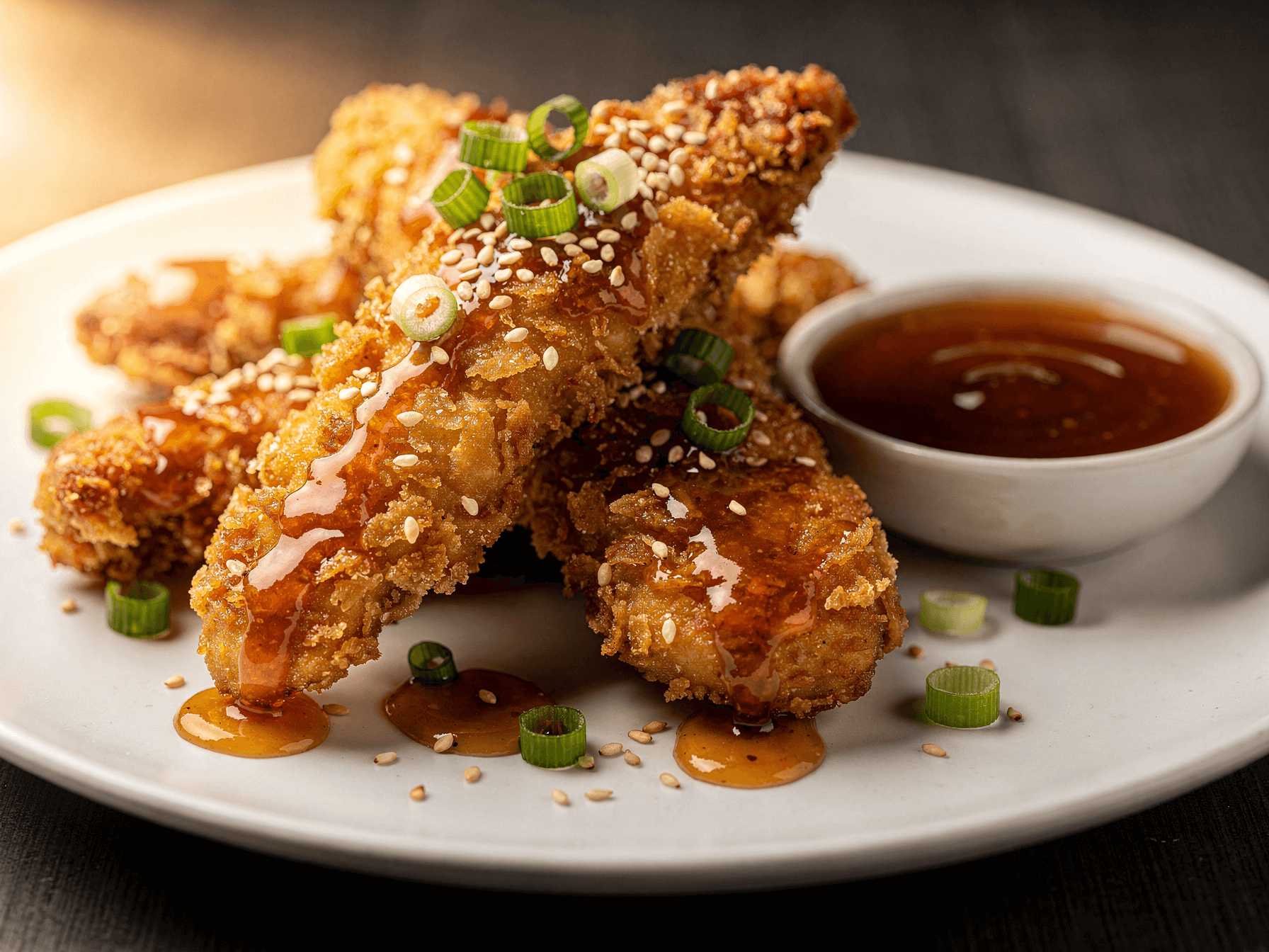 Crispy chicken tenders drizzled with honey garlic sauce served with a dipping bowl and garnished with green onions and sesame seeds.
