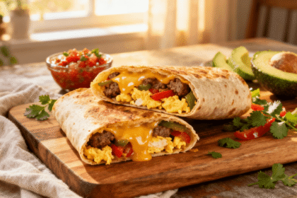 Golden sheet pan breakfast burrito cut in half, filled with fluffy scrambled eggs, sausage, bell peppers, and melted cheese, served with salsa and avocado slices on a rustic wooden board.