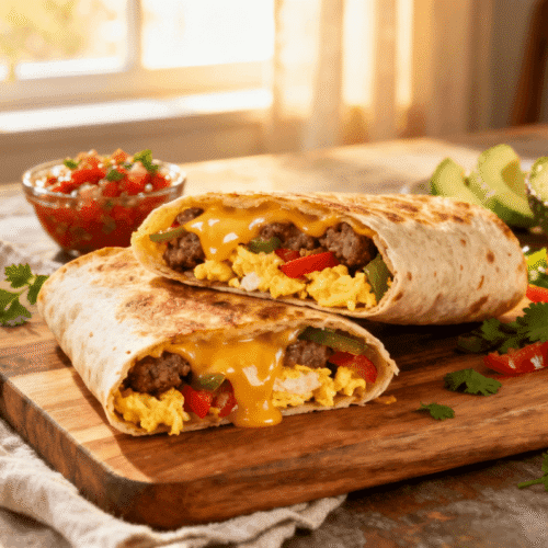 Golden sheet pan breakfast burrito cut in half, filled with fluffy scrambled eggs, sausage, bell peppers, and melted cheese, served with salsa and avocado slices on a rustic wooden board.