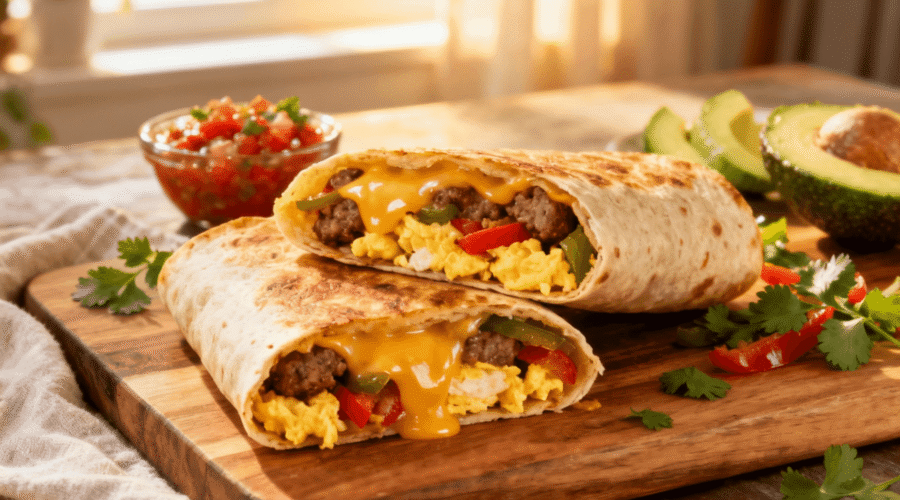 Golden sheet pan breakfast burrito cut in half, filled with fluffy scrambled eggs, sausage, bell peppers, and melted cheese, served with salsa and avocado slices on a rustic wooden board.