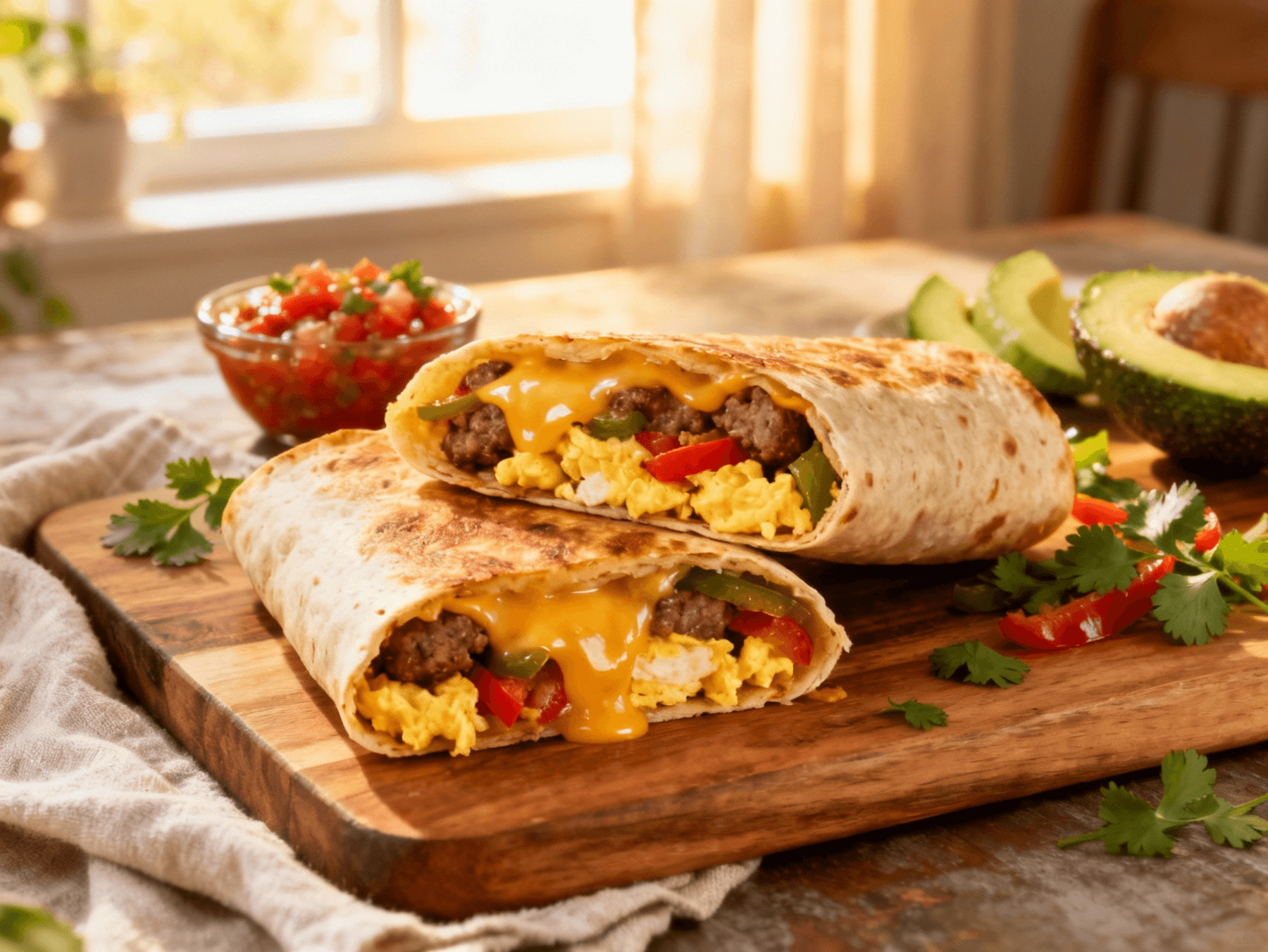 Golden sheet pan breakfast burrito cut in half, filled with fluffy scrambled eggs, sausage, bell peppers, and melted cheese, served with salsa and avocado slices on a rustic wooden board.