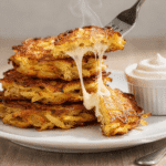 Crispy cheesy potato pancakes pulled apart with a fork showing stretchy melted cheese, served with a bowl of sour cream.
