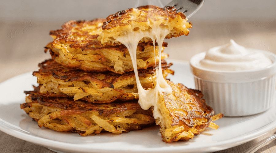 Crispy cheesy potato pancakes pulled apart with a fork showing stretchy melted cheese, served with a bowl of sour cream.