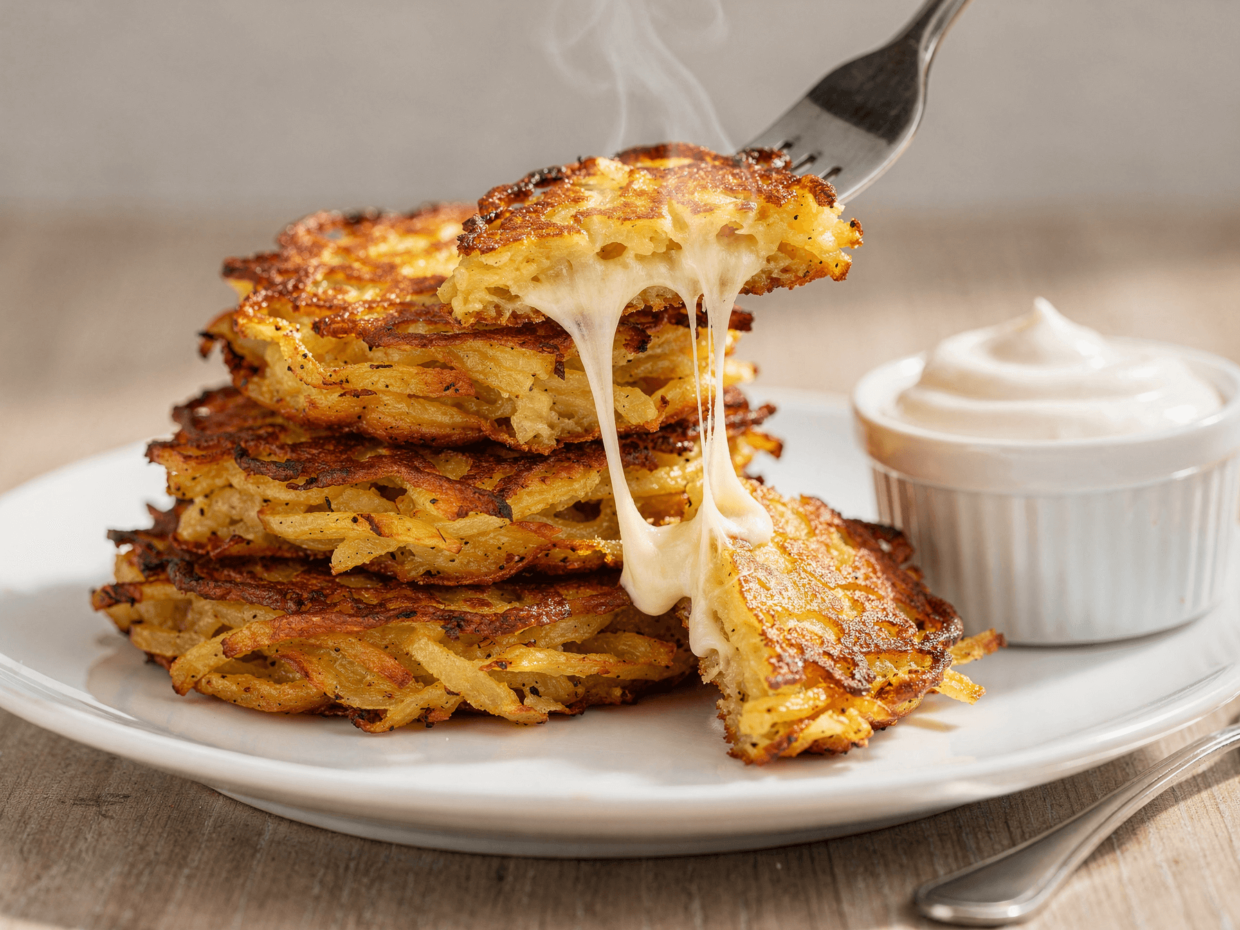 Crispy cheesy potato pancakes pulled apart with a fork showing stretchy melted cheese, served with a bowl of sour cream.