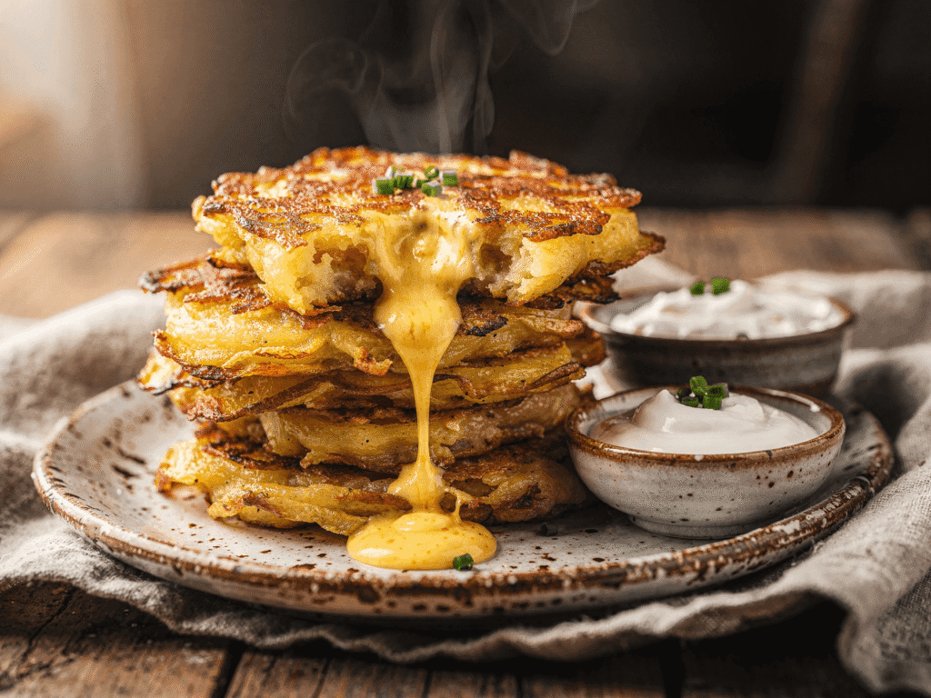 Stack of crispy cheesy potato pancakes with melted cheese dripping down, served with sour cream on a rustic plate.