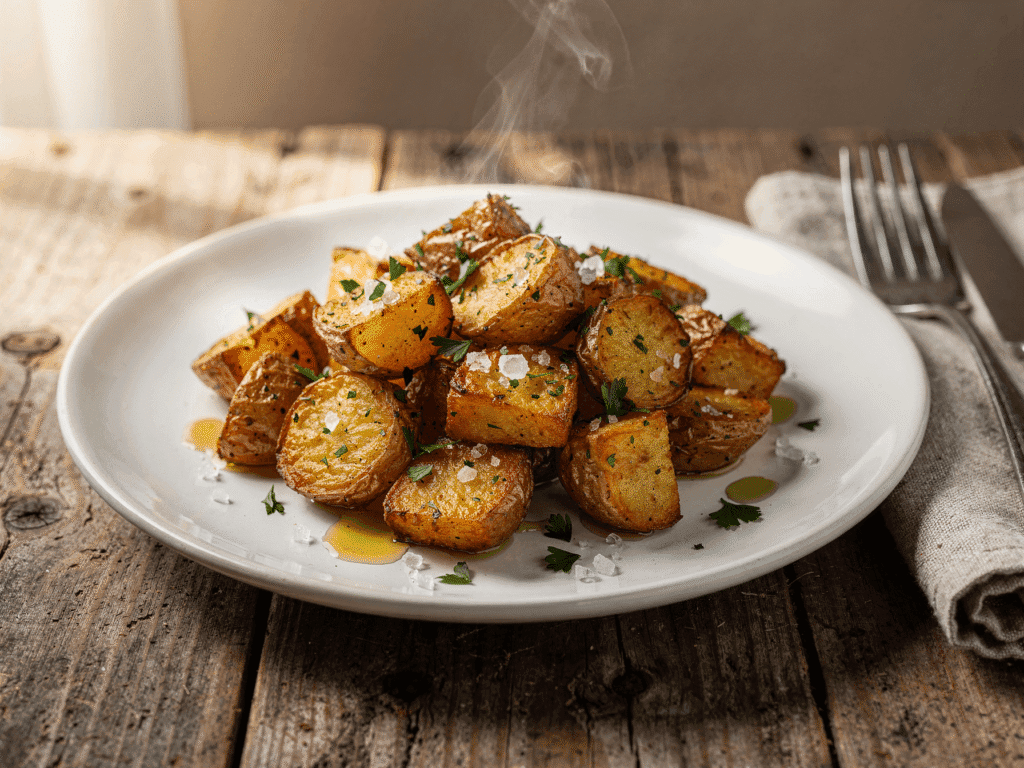 Crispy oven-roasted chopped potatoes seasoned with sea salt, herbs, and olive oil on a white plate.
