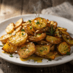 Herb-seasoned roasted chopped potatoes with sea salt flakes and olive oil on a rustic plate.