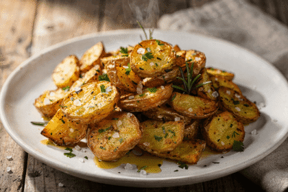 Herb-seasoned roasted chopped potatoes with sea salt flakes and olive oil on a rustic plate.