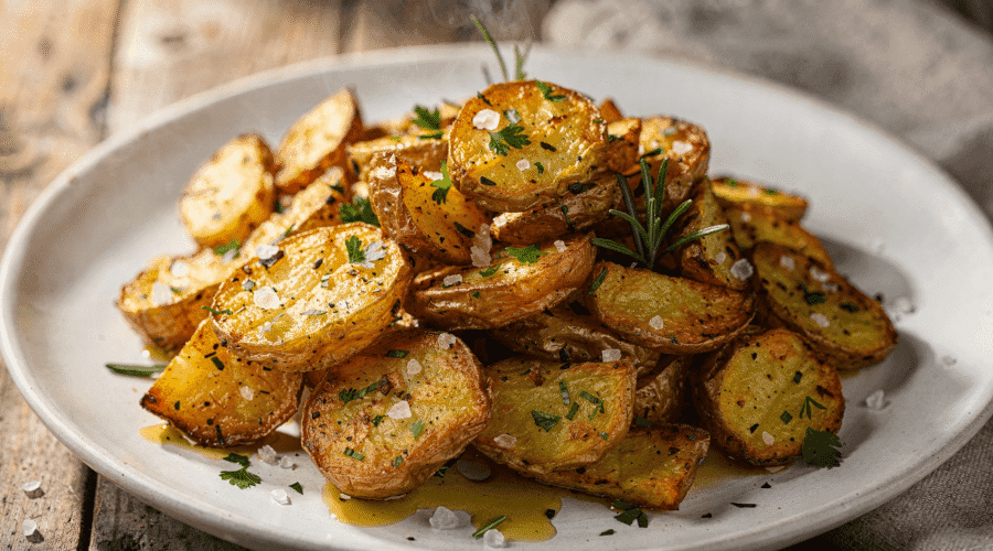Herb-seasoned roasted chopped potatoes with sea salt flakes and olive oil on a rustic plate.