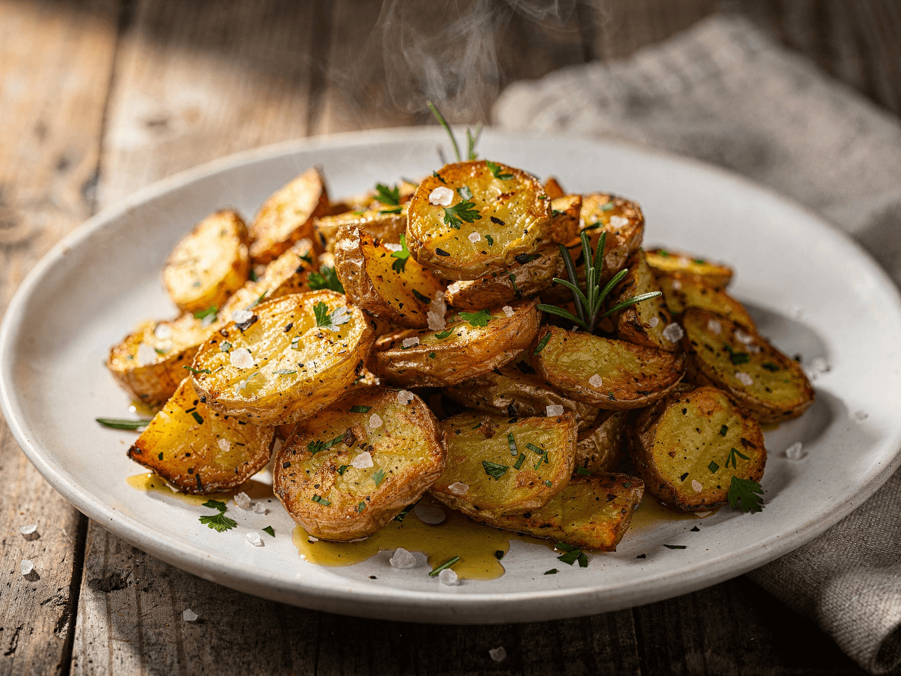 Herb-seasoned roasted chopped potatoes with sea salt flakes and olive oil on a rustic plate.