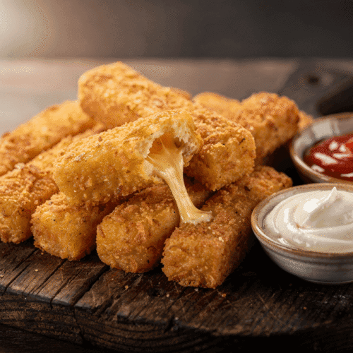 Crispy homemade Kartoffel Käse Sticks on a wooden board with cheese oozing out and dipping sauces beside them.