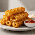 Crispy Kartoffel Käse Sticks stacked on a plate with melted cheese pulling from the center, served with ketchup and garlic mayo.