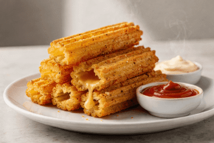 Crispy Kartoffel Käse Sticks stacked on a plate with melted cheese pulling from the center, served with ketchup and garlic mayo.