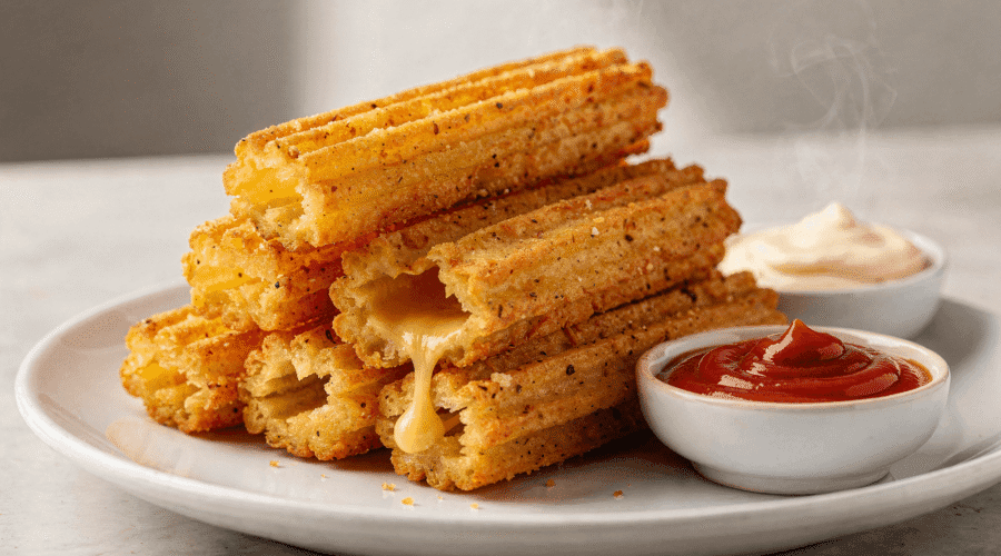 Crispy Kartoffel Käse Sticks stacked on a plate with melted cheese pulling from the center, served with ketchup and garlic mayo.