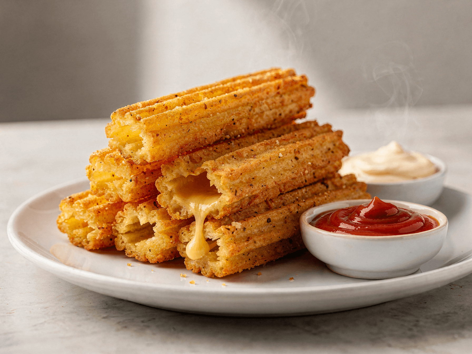 Crispy Kartoffel Käse Sticks stacked on a plate with melted cheese pulling from the center, served with ketchup and garlic mayo.