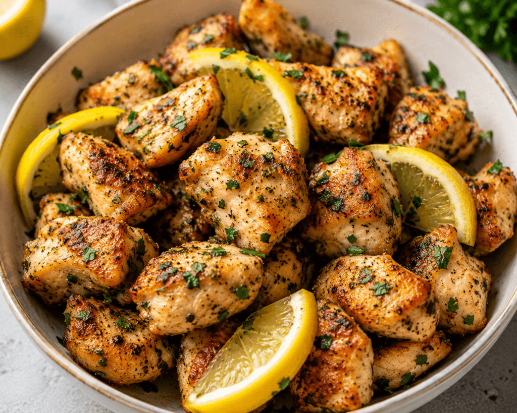 Air Fryer Lemon Chicken Bites served in a bowl with golden bite-sized chicken pieces, fresh lemon wedges, parsley, and crispy seasoned edges for an easy high-protein low-carb dinner.