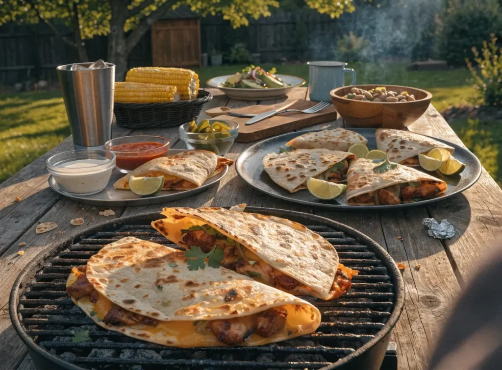 Zoomed-out backyard barbecue table featuring BBQ chicken quesadillas, dipping sauces, summer side dishes, and outdoor dining atmosphere.