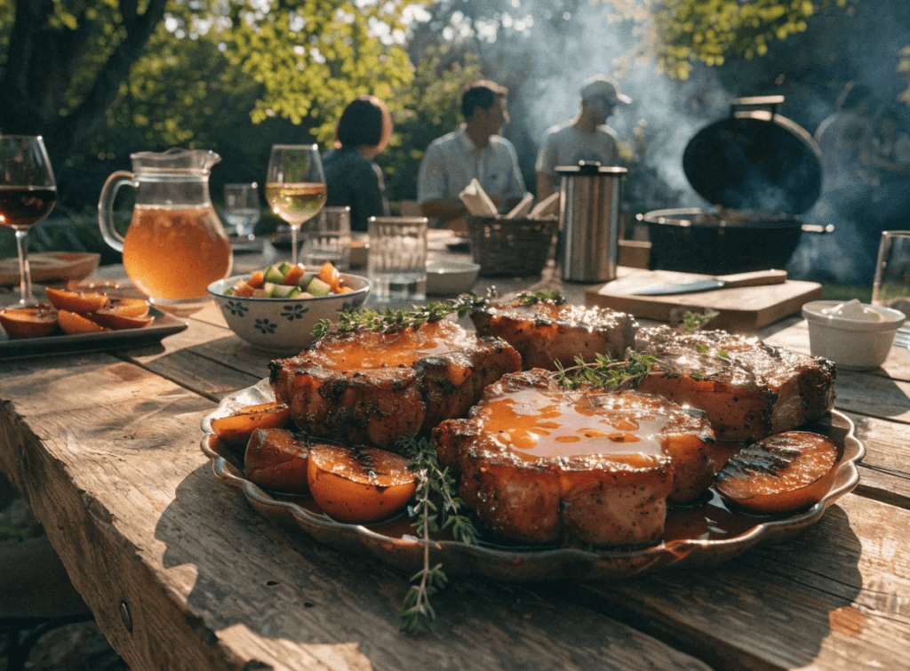 Zoomed-out backyard barbecue table featuring grilled pork chops with peach bourbon glaze, summer side dishes, and outdoor cookout setup.