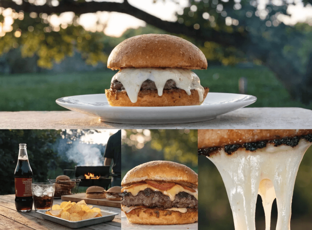 Collage of grilled pizza burgers with melted mozzarella cheese, backyard cookout table, burger close-ups, and cheesy cheese pull detail.