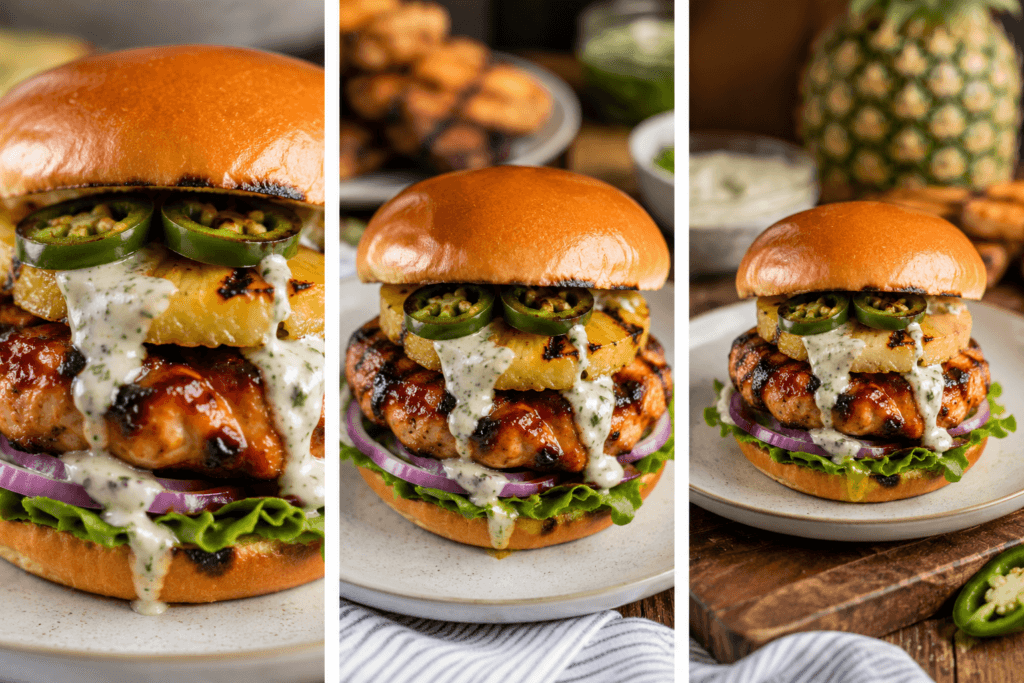 Collage of BBQ chicken pineapple burgers showing close-up, front view, and plated presentation with grilled pineapple, jalapeños, BBQ chicken, and creamy jalapeño ranch.