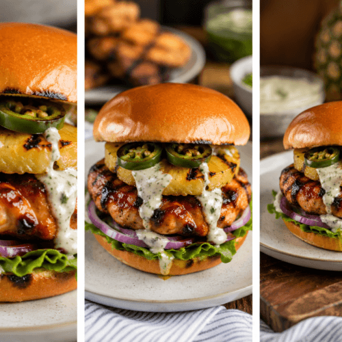 Collage of BBQ chicken pineapple burgers showing close-up, front view, and plated presentation with grilled pineapple, jalapeños, BBQ chicken, and creamy jalapeño ranch.