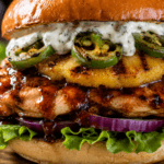 Extreme close-up of BBQ chicken pineapple burger showing grilled pineapple, jalapeños, creamy ranch sauce, and BBQ glazed chicken on brioche bun.