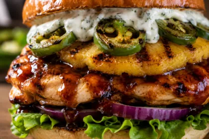 Extreme close-up of BBQ chicken pineapple burger showing grilled pineapple, jalapeños, creamy ranch sauce, and BBQ glazed chicken on brioche bun.
