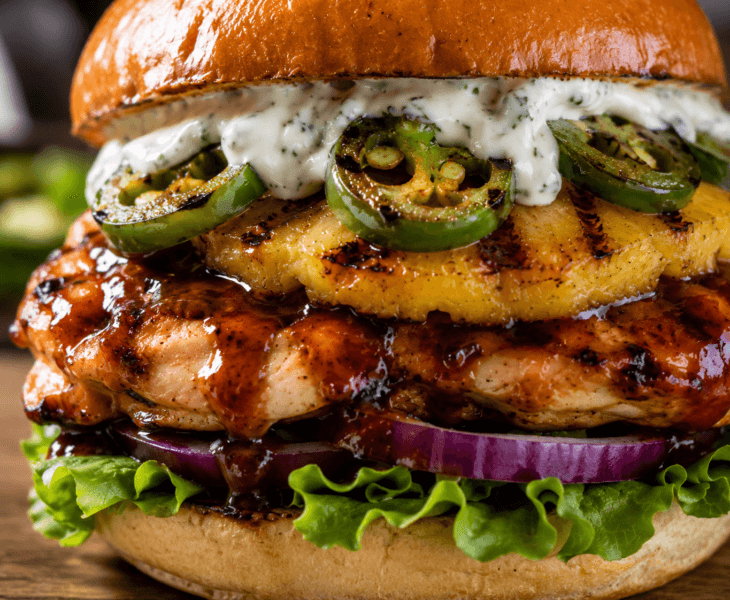 Extreme close-up of BBQ chicken pineapple burger showing grilled pineapple, jalapeños, creamy ranch sauce, and BBQ glazed chicken on brioche bun.