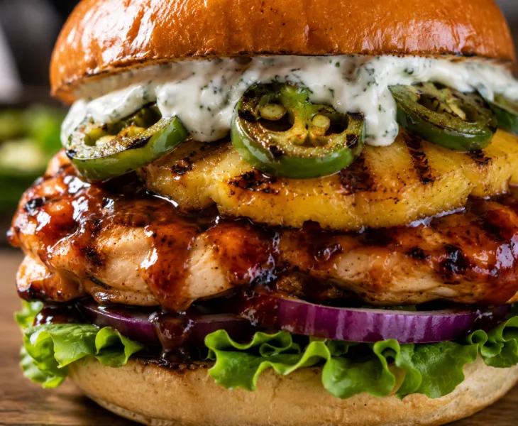 Extreme close-up of BBQ chicken pineapple burger showing grilled pineapple, jalapeños, creamy ranch sauce, and BBQ glazed chicken on brioche bun.