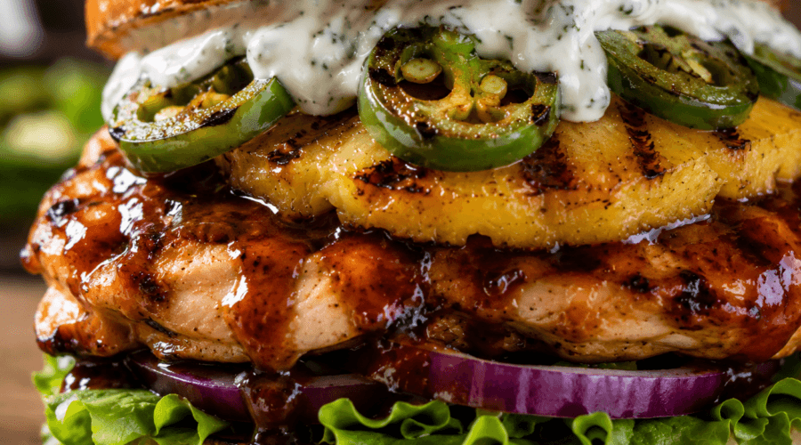 Extreme close-up of BBQ chicken pineapple burger showing grilled pineapple, jalapeños, creamy ranch sauce, and BBQ glazed chicken on brioche bun.