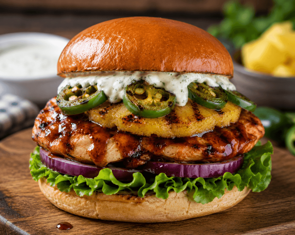 Front view of BBQ chicken pineapple burger with grilled chicken, pineapple, jalapeño ranch, red onion, and lettuce on a wooden serving board.