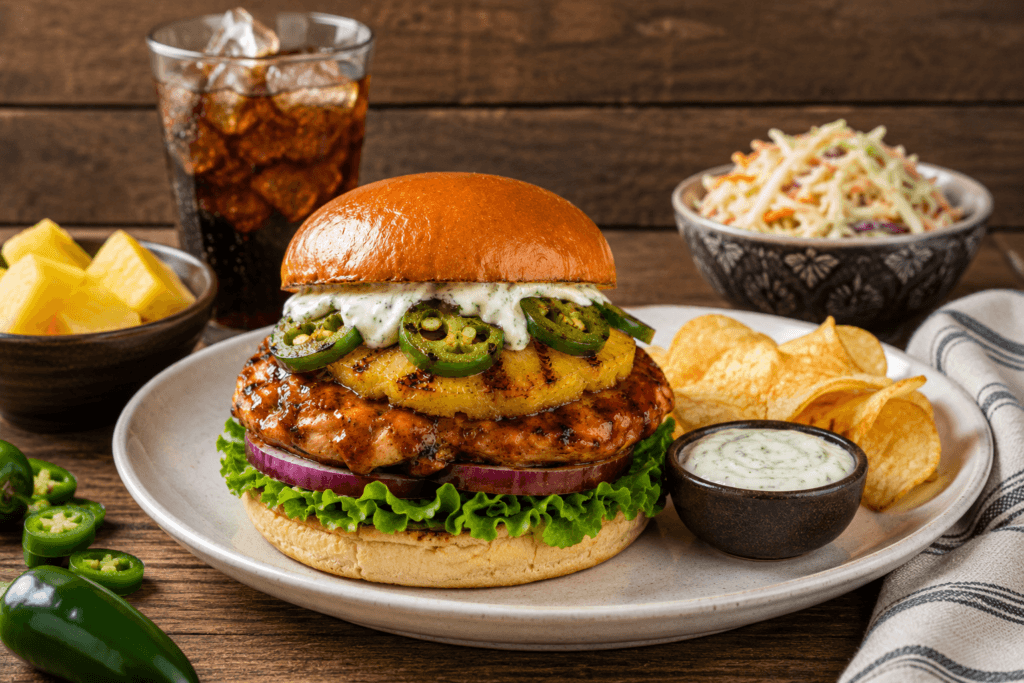 Plated BBQ chicken pineapple burger with grilled jalapeño ranch served with chips, dipping sauce, pineapple chunks, slaw, and iced cola on rustic table.