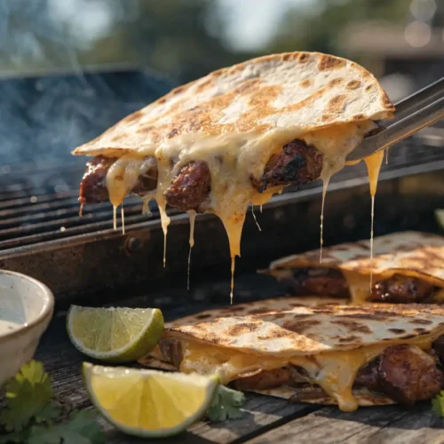 Close-up BBQ chicken quesadillas on the grill with melted cheese pull, smoky chicken filling, crispy tortillas, and backyard barbecue styling.
