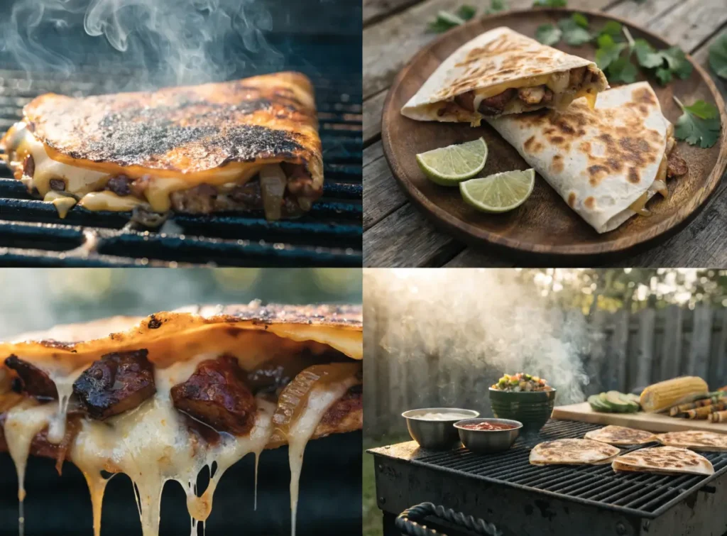 Collage of BBQ chicken quesadillas featuring cheesy filling, grilled tortillas, smoky BBQ scenes, dipping sauces, and backyard cookout presentation.