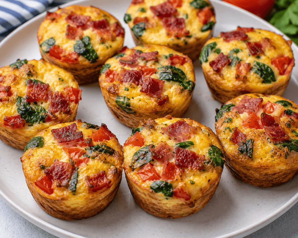 BLT Frittata Cups with eggs, crispy bacon, tomatoes, spinach, and cheese baked into high-protein low-carb breakfast muffins.