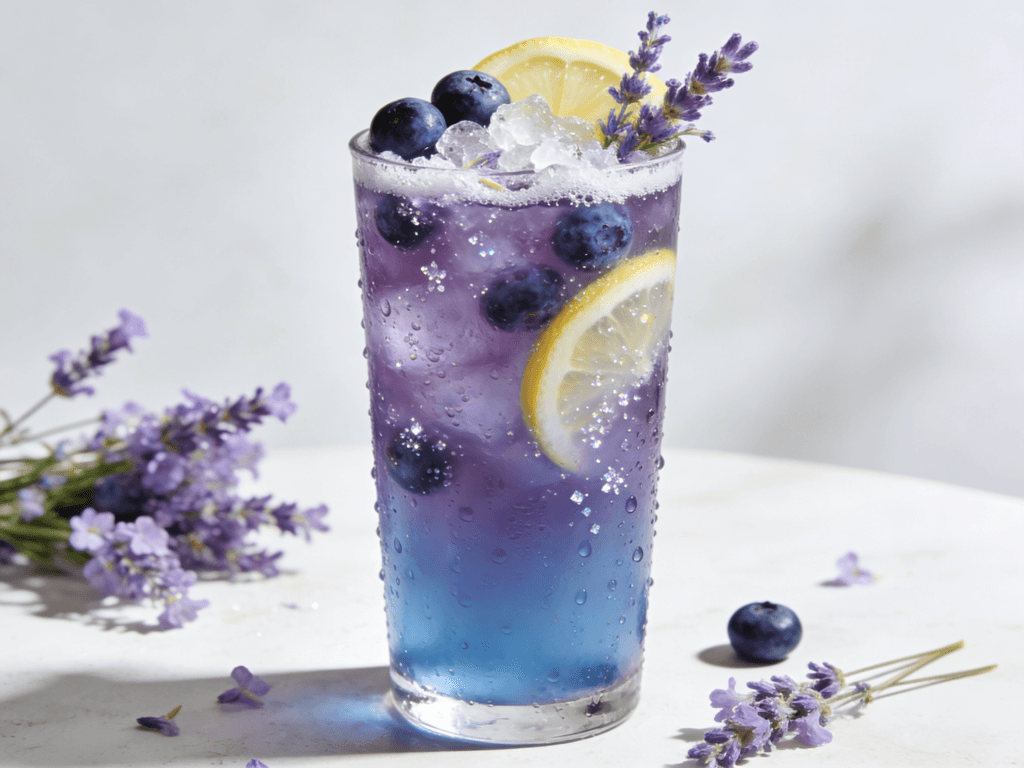 Zoomed-out front view of Blueberry Lavender Lemonade with fresh blueberries, lavender flowers, lemon slices, and icy floral lemonade served in a clear chilled glass.