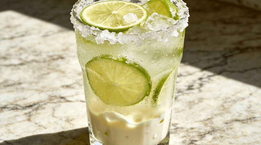 Close-up front view of Brazilian Lemonade with fresh lime slices, crushed ice, creamy lime drink texture, and chilled tropical beverage styling.