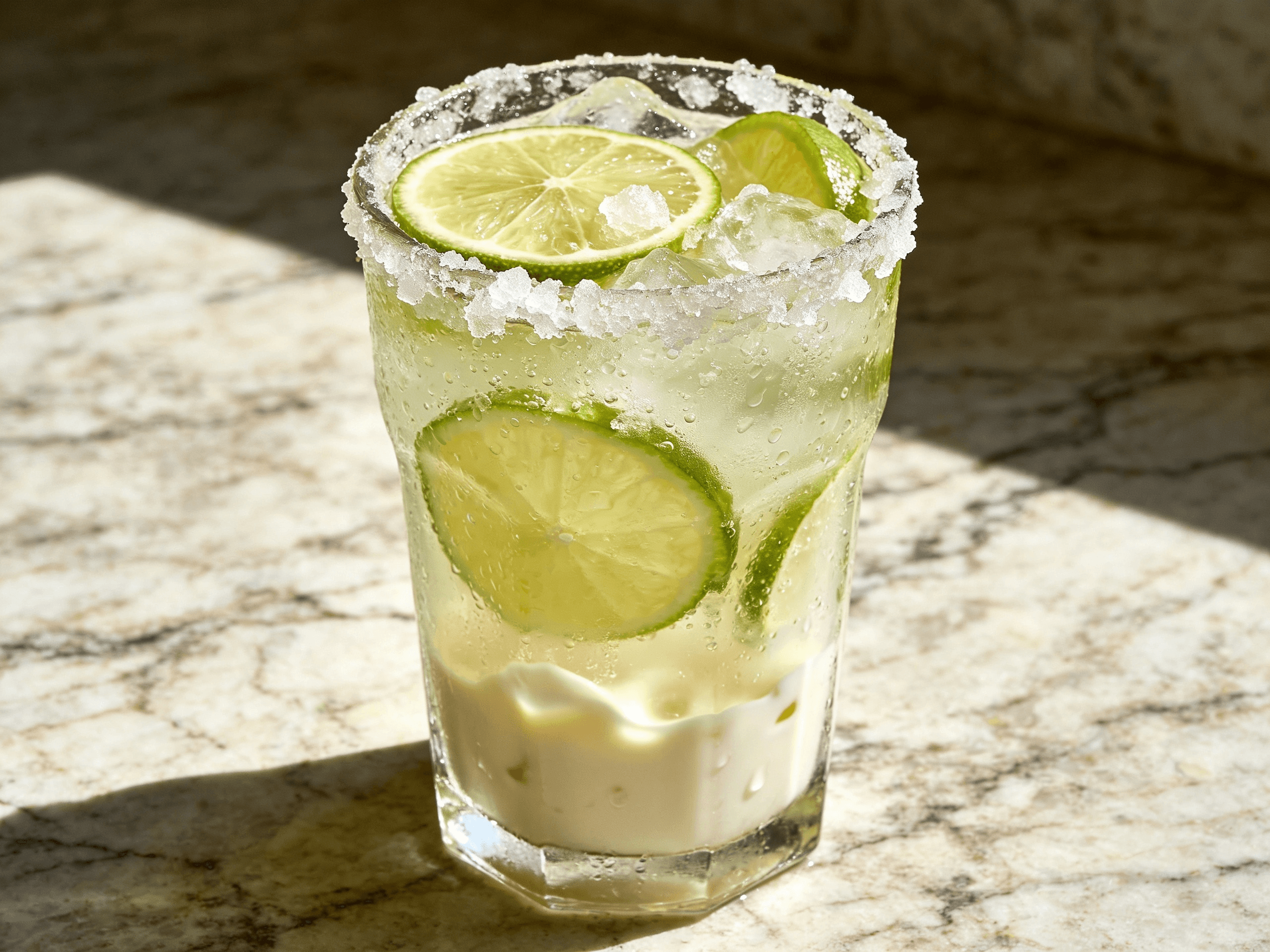 Close-up front view of Brazilian Lemonade with fresh lime slices, crushed ice, creamy lime drink texture, and chilled tropical beverage styling.