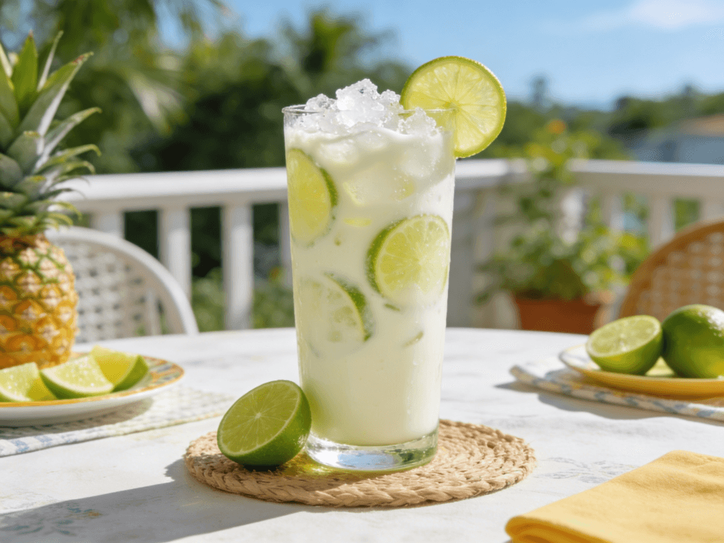 Zoomed-out front view of Brazilian Lemonade served with fresh lime slices, crushed ice, and creamy chilled lime beverage presentation.