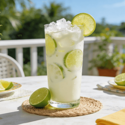 Zoomed-out front view of Brazilian Lemonade served with fresh lime slices, crushed ice, and creamy chilled lime beverage presentation.