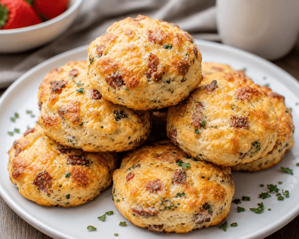 Golden Breakfast Protein Biscuits topped with melted cheese and savory bacon bits on a plate for a high-protein low-carb breakfast.